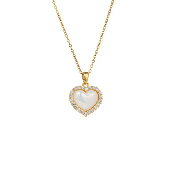 Wholesale Titanium Steel Fashion Plating Four Leaf Clover Heart Shape Artificial Pearls Zircon Pendant Necklace