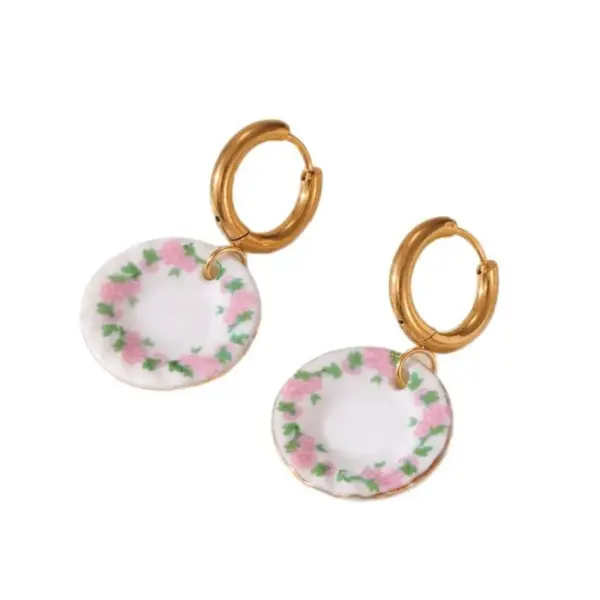 1 Pair Chinoiserie Classic Style Kettle Plate Teacup 304 Stainless Steel Ceramics Drop Earrings