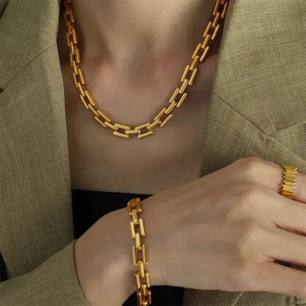 PVD Coated Real Gold Plated Geometric Titanium Steel Simple Style Waterproof Non Tarnish Bracelets Necklace