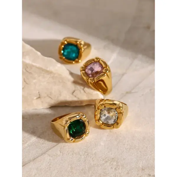Wholesale 304 Stainless Steel Geometric PVD Coated Glass 18K Real Gold Plated Real Gold Plated Formal Classic Style Artistic Waterproof Non Tarnish Inlay Rings
