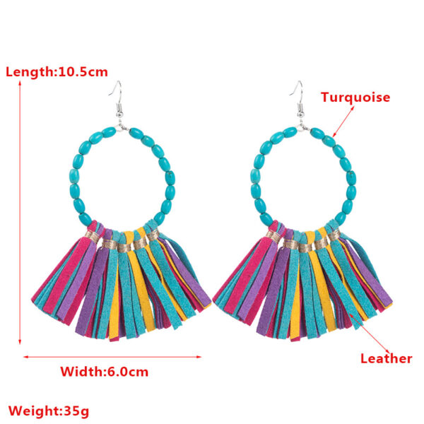 Wholesale Independent Station Amazon Hot Earrings Exaggerated Large Round Turquoise Handmade Leather Tassel Party Earrings Earrings