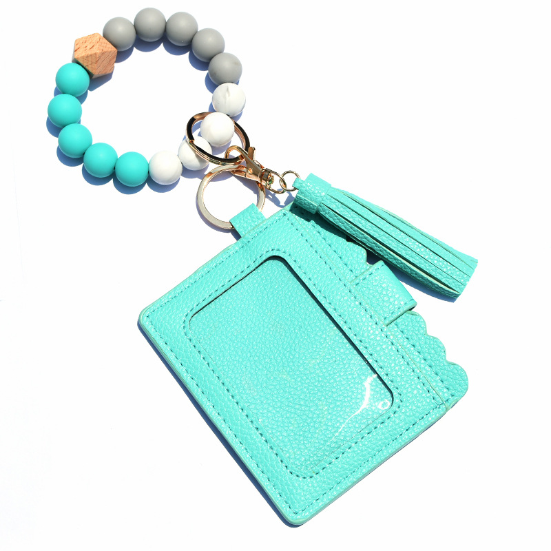 Wholesale European and American Style Silicone Bead Bracelet Card Case pu Tassel Women Wallet Keychain Food Grade Silicone Bead Bracelet