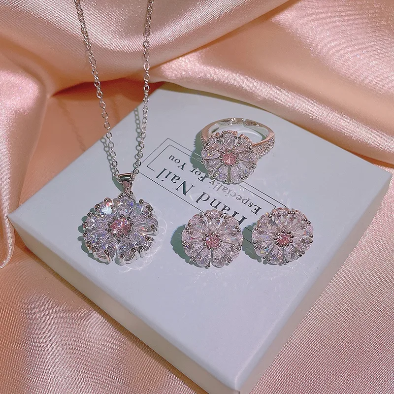 Wholesale Titanium Steel Simple Style Inlay Flower Zircon Rings Earrings Necklace
