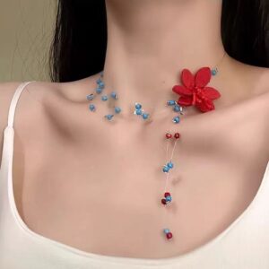 Blue beaded flower necklace x5281