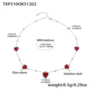 TXP510-Red Glass Stone Steel Color Necklace 42+5cm
