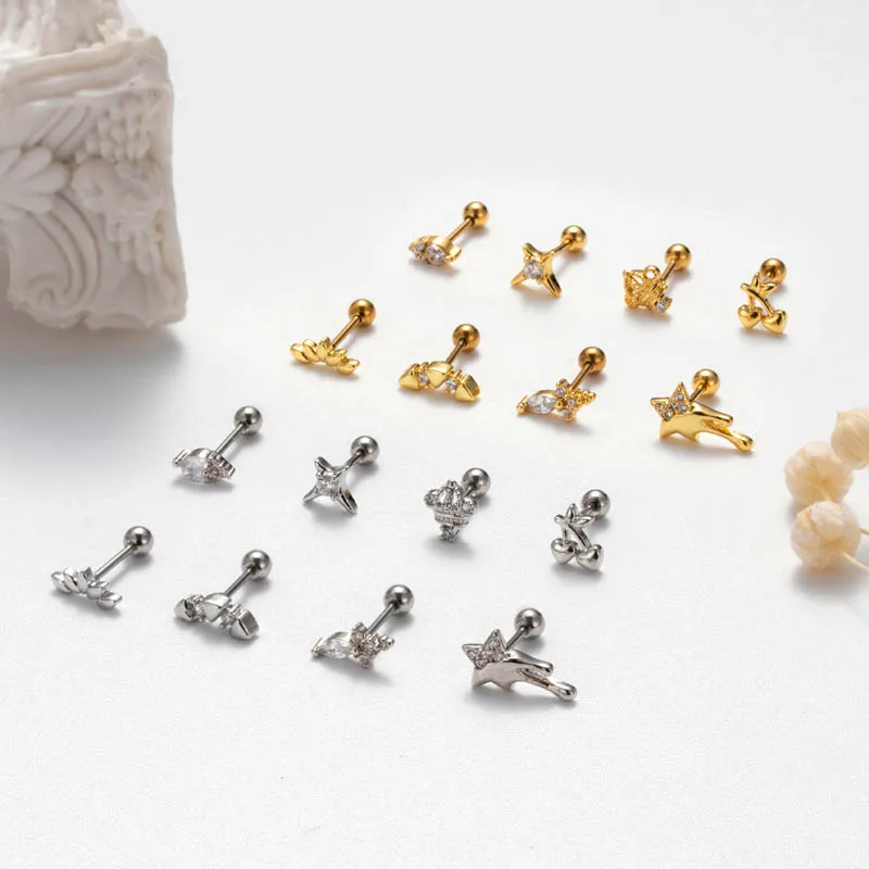 Wholesale 1 Piece Ear Cartilage Rings & Studs Simple Style Korean Style Star Cherry Crown 316L Stainless Steel Copper Waterproof Non Tarnish Surgi