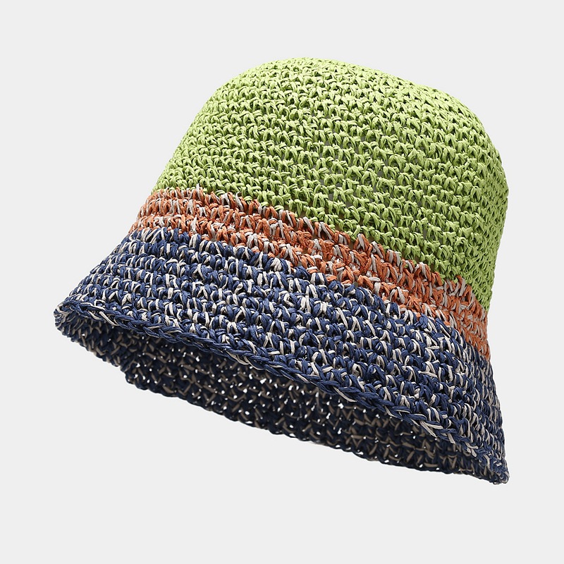 Wholesale Japanese style artistic fresh contrast color handmade crocheted fisherman hat female Korean style summer hollow sun protection straw hat buc