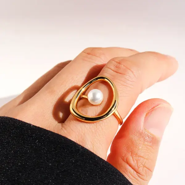 Women's Copper Brass Geometric Abstract Curve Pearl Rings Brass Jewelry