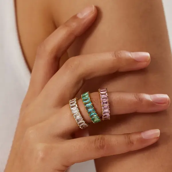 Wholesale Jewelry INS Style Shiny Round 304 Stainless Steel Zircon PVD Coated Plating Inlay Rings