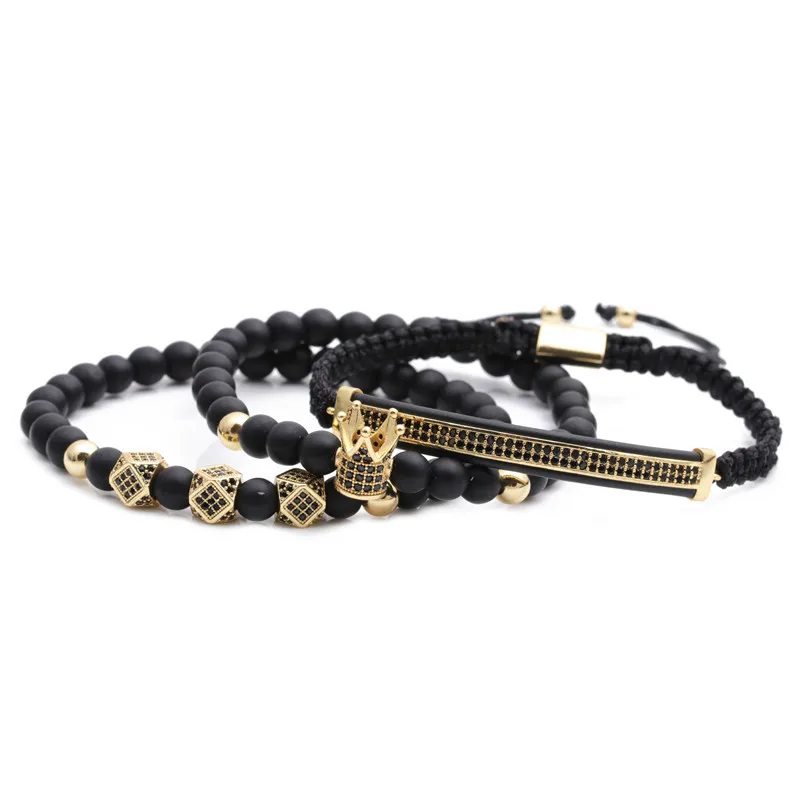 Wholesale New Hot-selling 6mm Frosted Stone Crown Three-cut Round Leather Strap Beaded Copper Bracelet For Women