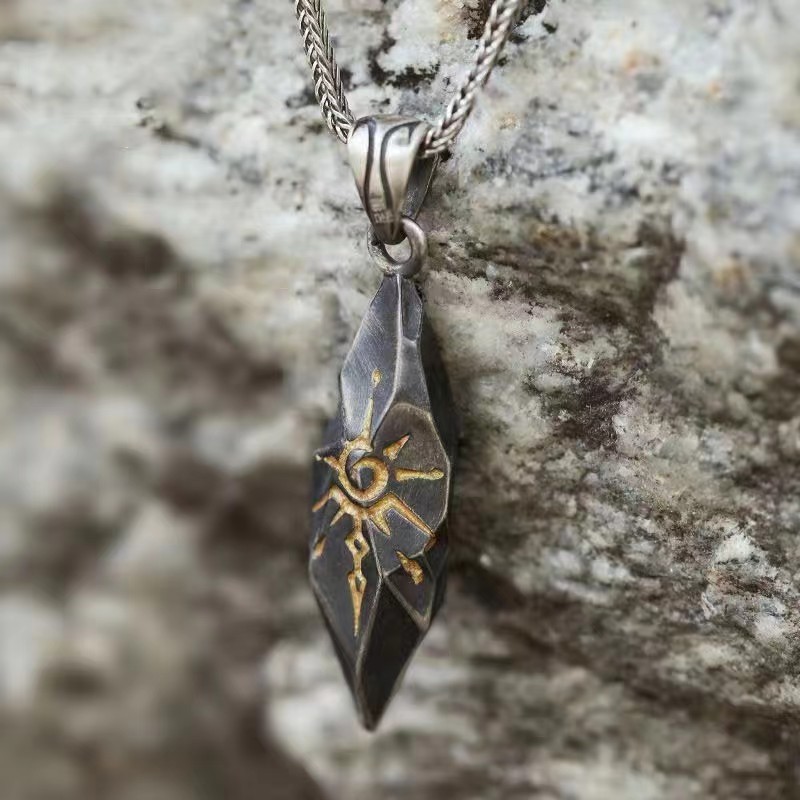 Wholesale European and American Personality Sun Rune Wishing Stone Pendant Retro Personality Meteorite Colorblock Stainless Steel Chain Hip Hop Neckla