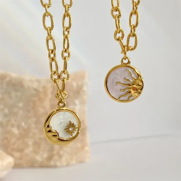 Wholesale 304 Stainless Steel 18K Gold Plated Retro Enamel Plating Sun Moon Shell Pendant Necklace
