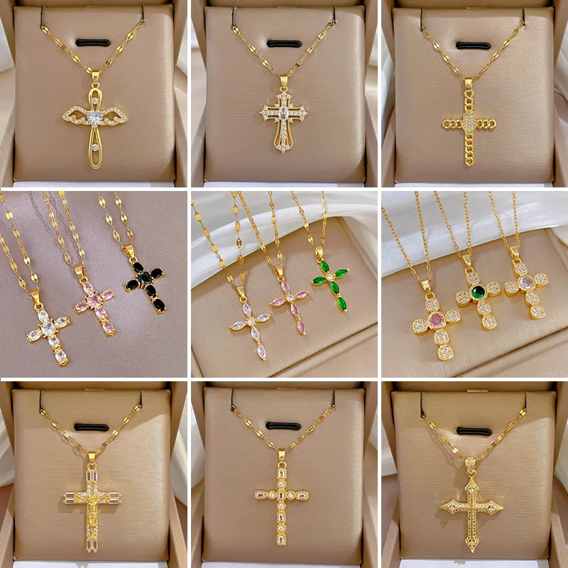 Wholesale 304 Stainless Steel Copper Cross Vacuum Plating Zircon Simple Style Pig Nose Chain Lobster Trier Clasp Closure Pendant Necklace