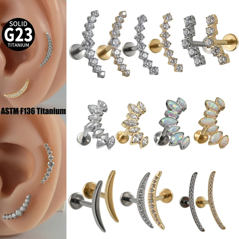 Wholesale 1 Piece Lip Rings Elegant Vacation Tropical Moon G23 Titanium Alloy Plating Inlay Zircon 18K Gold Plated Lip Rings Ear Cartilage Rings &