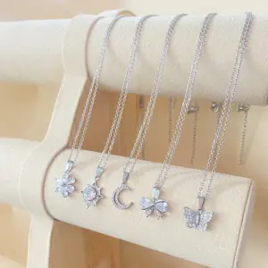 Wholesale Jewelry Elegant Luxurious Shiny Moon Butterfly Bow Knot 304 Stainless Steel Copper Rhinestones Zircon Epoxy Plating Inlay Pendant Necklace