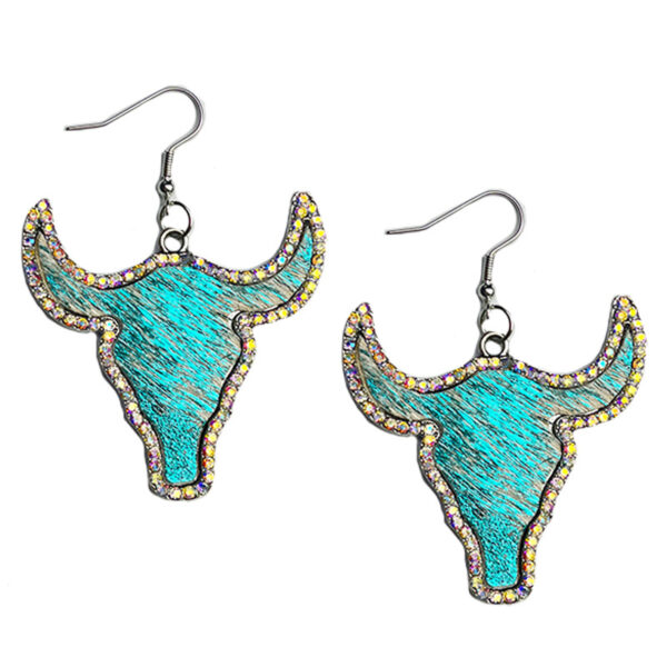 Wholesale Diamond-studded genuine leather bull head-shaped western earrings