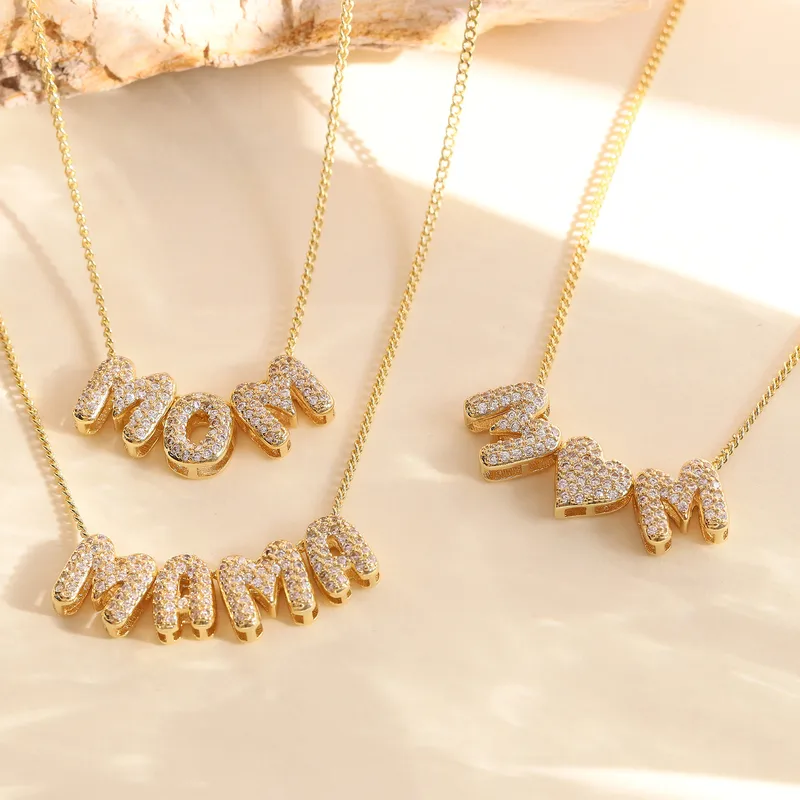 Wholesale Jewelry Vintage Style Classic Style Letter Brass Zircon 18K Gold Plated Plating Pendant Necklace Cable Chain
