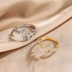 Wholesale Fashion Leaf Copper Inlay Zircon Open Ring 1 Piece