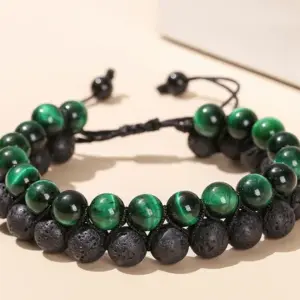 5A Green Tigereye Volcanic Rock Woven Double-Layer Bracelet / 8mm