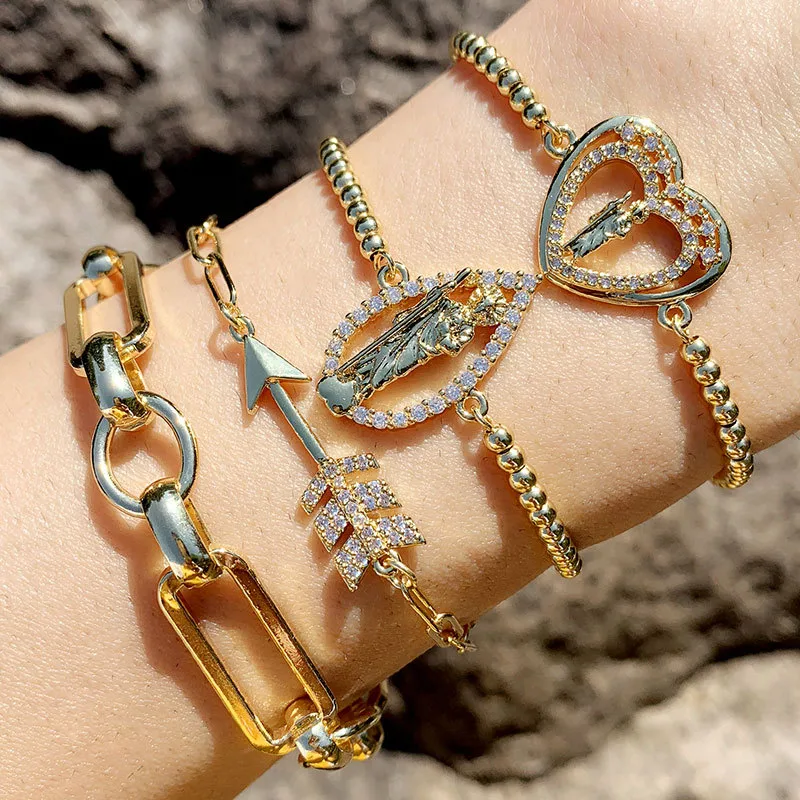 Wholesale Copper Inlaid Zircon Heart Artificial Gemstones Copper Bracelets