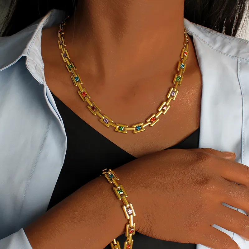 Wholesale PVD Coated 18K Gold Real Gold Plated Square 304 Stainless Steel Casual Waterproof Non Tarnish Bracelets Necklace Jewelry Set