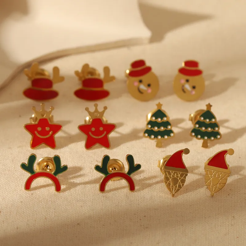 Wholesale 1 Pair Christmas Sweet Simple Style Christmas Tree Enamel 304 Stainless Steel 14K Gold Plated Ear Studs