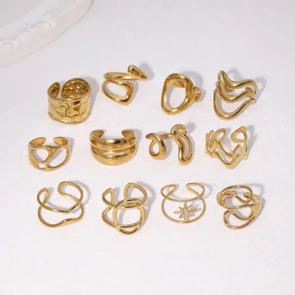 Wholesale Minimalist 304 Stainless Steel Open Ring Geometric Lines Minimalist Cold Style 18K Gold Plated Vacuum Electroplating Waterproof Non-Fading Eight-Pointed Star Oval Titanium Steel Ring For Women