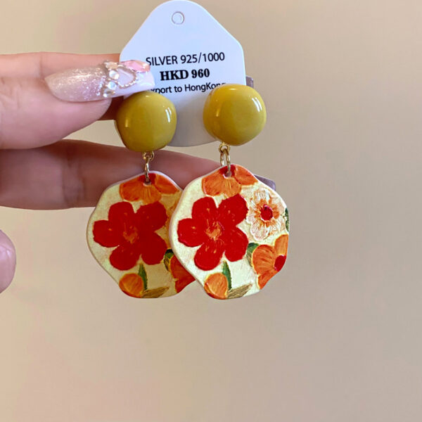 Wholesale Silver Acrylic Irregular Flower Earrings Pastoral Oil Painting Sweet Fashion Earrings High-end All-match Earrings