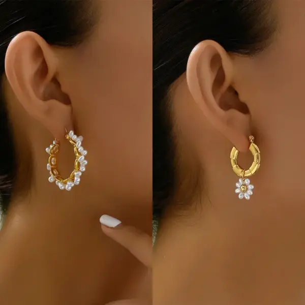 Wholesale 1 Pair Elegant Cute Sweet Flower Beaded Pearl 201 Stainless Steel 18K Gold Plated Earrings