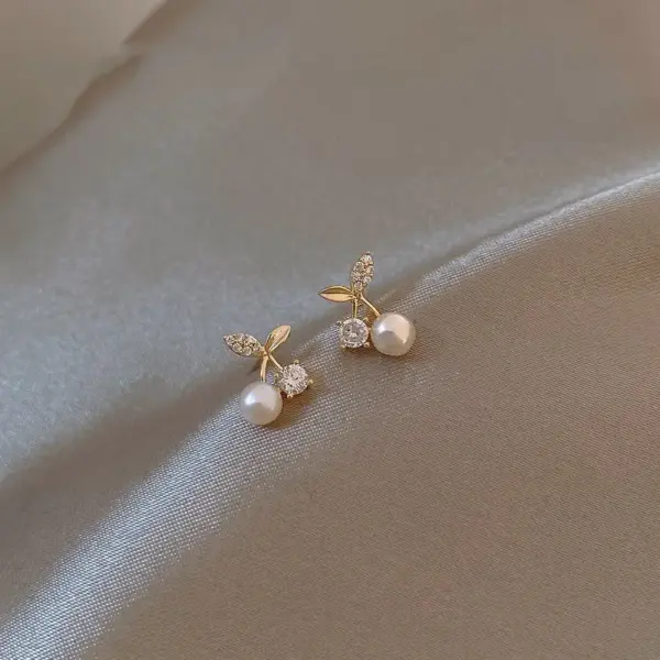Wholesale 1 Pair Sweet Simple Style Cherry Plating Inlay Copper Pearl Zircon 14k Gold Plated Ear Studs