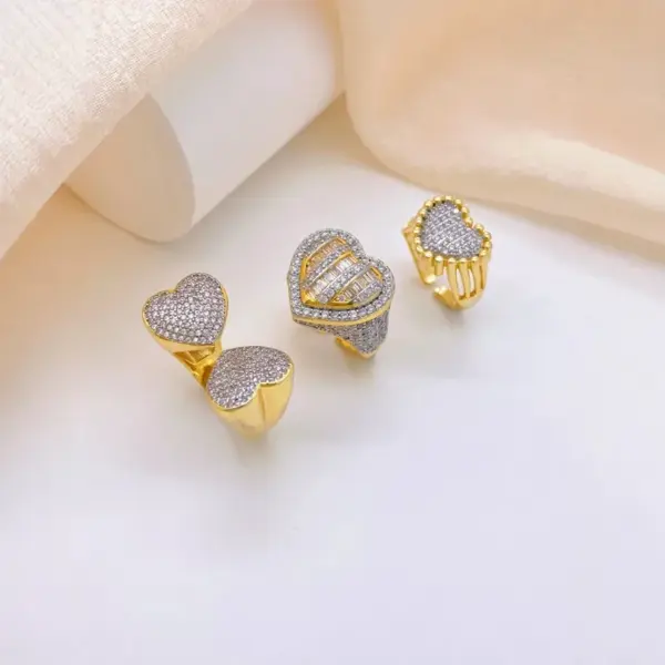Wholesale Jewelry Classic Style Shiny Heart Shape Copper Zircon 18K Gold Plated Plating Open Rings