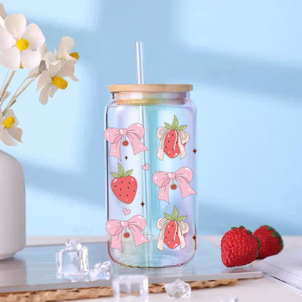 Wholesale Pink Strawberry Bow 16oz Cup UV DTF Wrap
