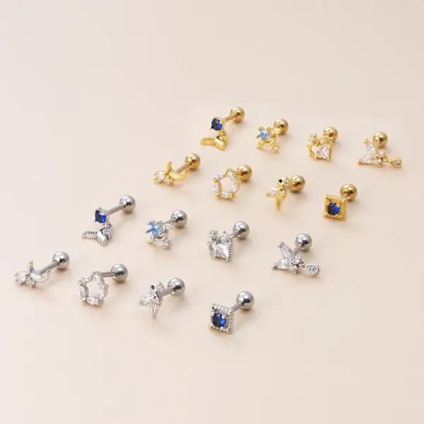 1 Piece 316L Stainless Steel Copper Zircon Ear Cartilage Rings & Studs Moon Water Droplets Heart Shape Waterproof Non Tarnish Surgical Steel