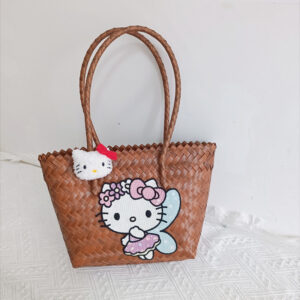 Brown shoulder basket with kt cat doll, embroidery