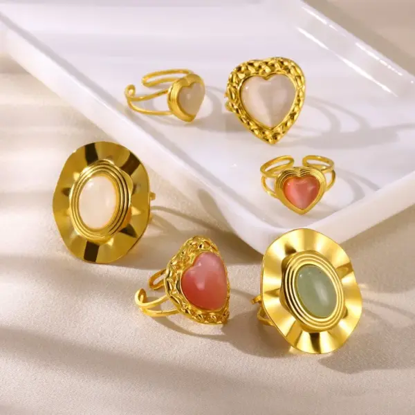 Wholesale PVD Coated Real Gold Plated Heart Shape 304 Stainless Steel Synthetic Gemstones Elegant French Style Sweet Waterproof Non Tarnish Open Rings