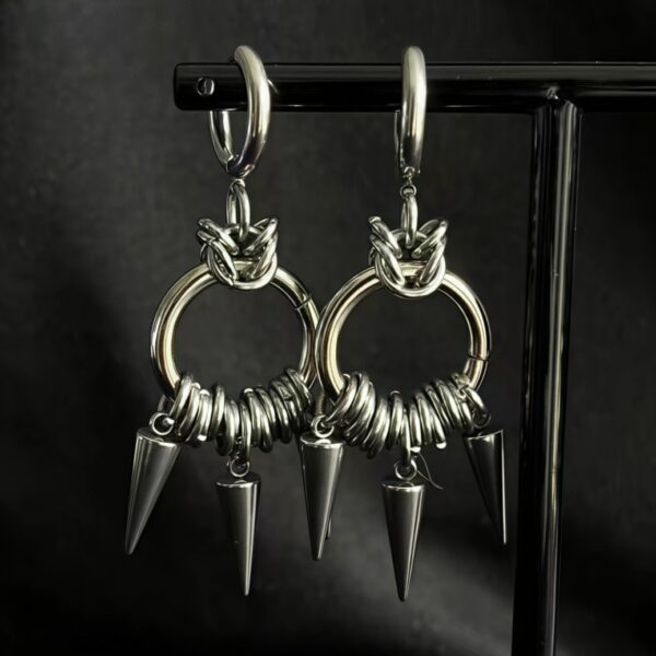 Wholesale New Cross-border Foreign Trade Gothic Punk Stainless Steel Ear Hook Women's Rivet Pointed Cone Double-ring Punk High-grade Earrings