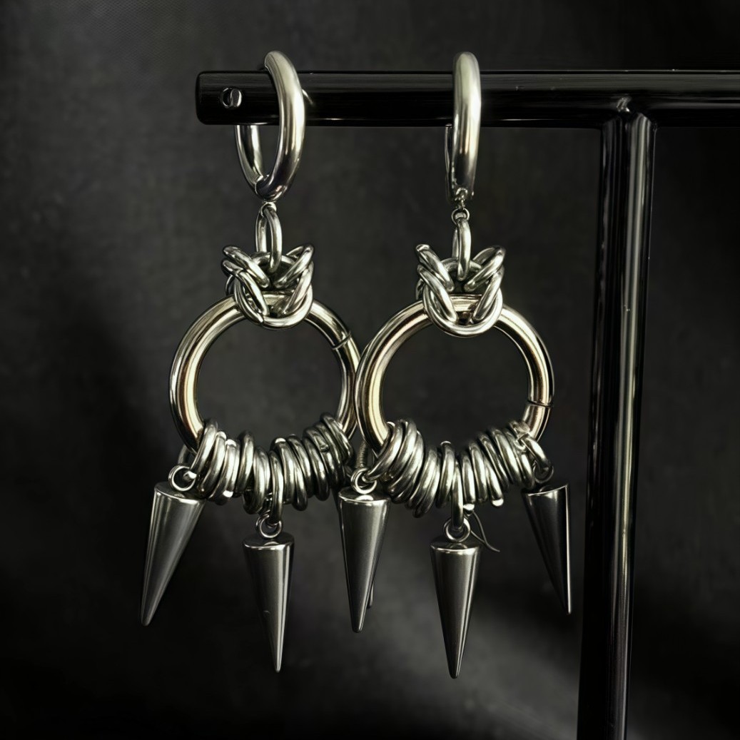 Wholesale New Cross-border Foreign Trade Gothic Punk Stainless Steel Ear Hook Women's Rivet inted Cone Double-ring Punk High-grade Earrings