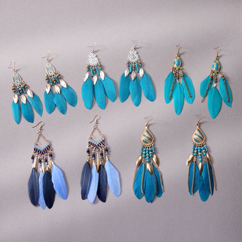 Wholesale Ethnic Style Ser Fairy High-end Yunnan Travel Photography Feather Earrings Without Pierced Bohemian Style Long Earrings and Ear Clips