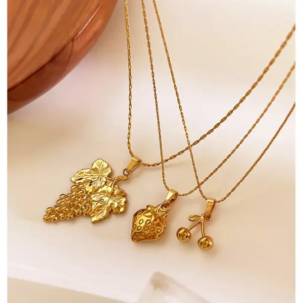 Wholesale 304 Stainless Steel Cherry Strawberry PVD Coated Enamel Real Gold Plated Japanese Style Sweet Commute Waterproof Non Tarnish Surgical Steel Bamboo Necklace Lobster Trigger Clasp Closure Gold Pendant Necklace