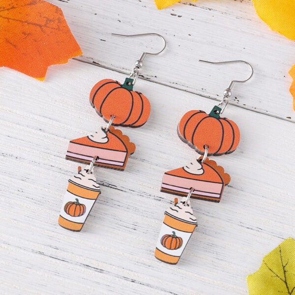 Wholesale Cross-border New Autumn Harvest Thanksgiving Pumpkin Pie Coffee Cup Triple Pendant Earrings Wooden Double-sided Earrings