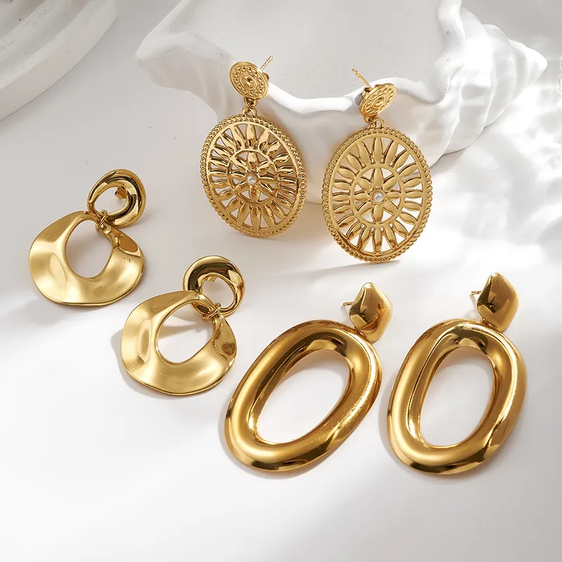 Wholesale European And American Hot-Selling INS Style 304 Stainless Steel Inner Electroplated Sun Oval Hollow Elegant Acrylic Earrings