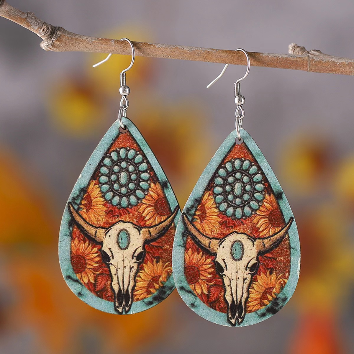 Wholesale 1 Pair op Earrings Cow's Head Printed Decoration Retro Style Wood Material Fashionable Elegant Banquet Party