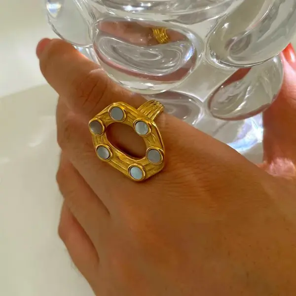 304 Stainless Steel Geometric PVD Coated White Shell Real Gold Plated Casual Nordic Style Retro Waterproof Non Tarnish Irregular Surgical Steel Anxiety Ring Open Rings