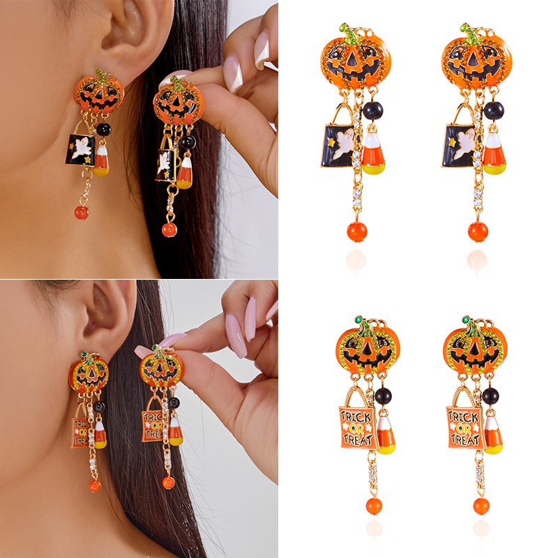 Wholesale Hot-selling European and American cross-border e-commerce style: ipping rhinestone pumpkin earrings; Temu's best-selling letter-themed tasse
