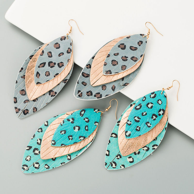Wholesale European and American New Creative Exaerated Multi-layer Leather Printed Leaf Shape Earrings Bohemian Fashion Trend Earrings