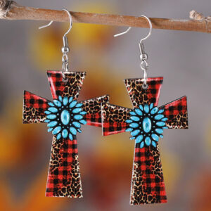 Wholesale Western style leopard plaid turquoise cross wooden double-sided earrings