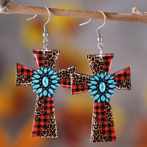 Wholesale Western style leopard plaid turquoise cross wooden double-sided earrings
