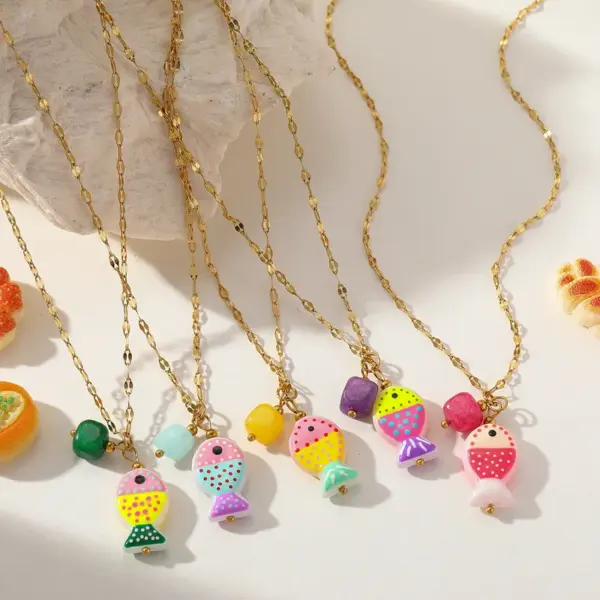 Wholesale Ion Plating (IP) Real Gold Plated 18K Gold Geometric Fish 304 Stainless Steel Casual Cute Hawaiian Waterproof Non Tarnish 304 Stainless Steel Lobster Trigger Clasp Closure Multi Charms Necklace