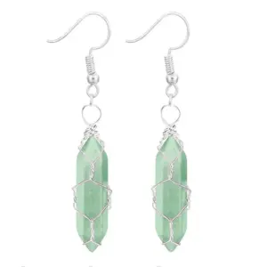 Silver Green Aventurine Earrings / Wire-Wound Hexagon Prism Earrings