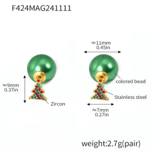 F424 - Green Beaded Christmas Tree Earrings